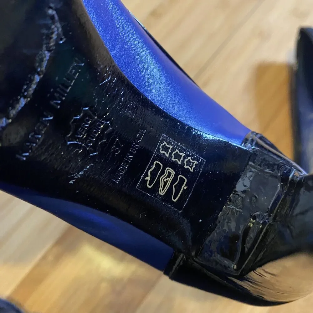 Karen Millen Heels EU Size 37 Blue Black Patent Leather Platform Peep Toe Heels